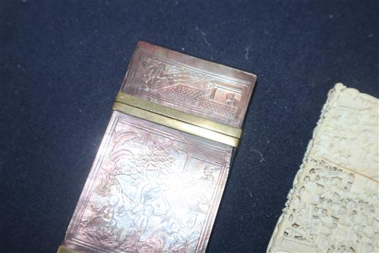 A Canton carved ivory card case and a mother of pearl card case